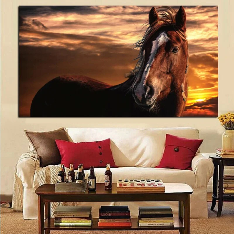 Brown Horse on Face Standing Sunset Landscape Animals Wall Art Pictures Painting Wall Art for Living Room Home Decor (No Frame)