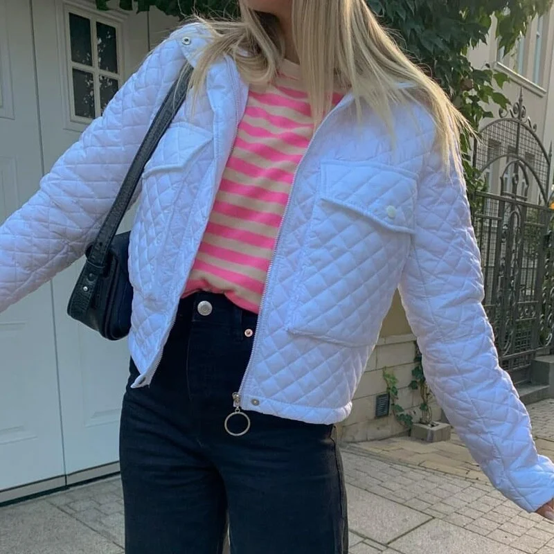 WannaThis Plaid Cotton Jacket Women Pocket Coat 2021 Autumn Winter Fashion Warm Streetwear Turn-down Collar Zipper Purple Jacket