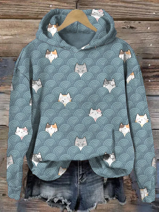 Women's Cute Cats Wave Pattern Print Casual Hoodie