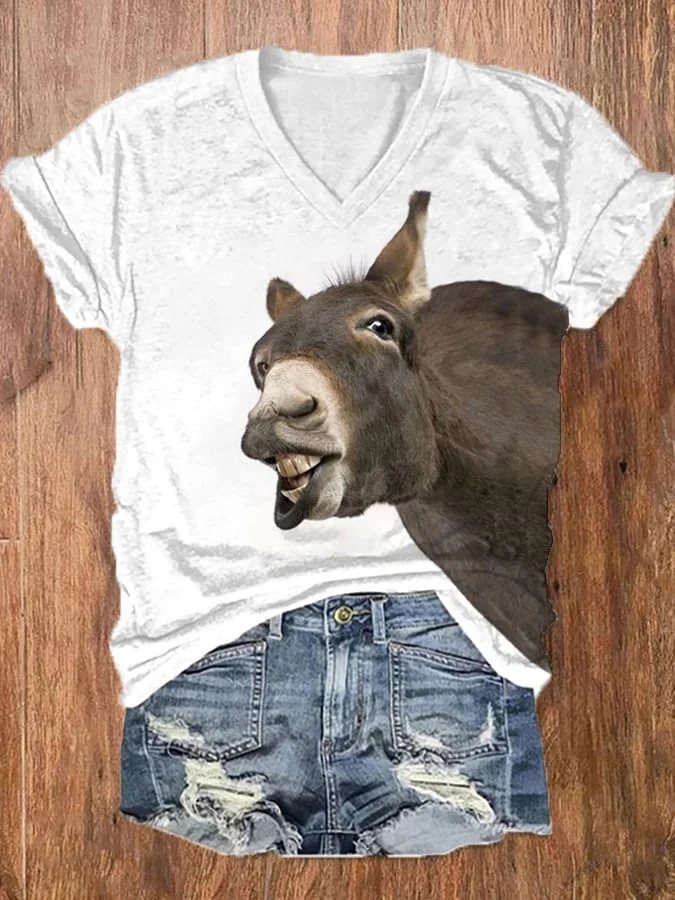 Women's Funny Donkey Print Casual V-Neck Tee