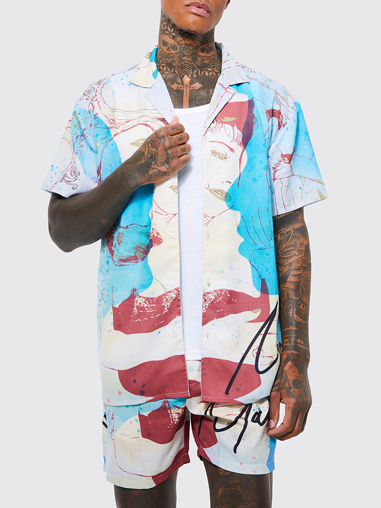Loveciss®/ Noble Luxury Button Up Blue Large Shorts Shirt And Shorts Co-Ord
