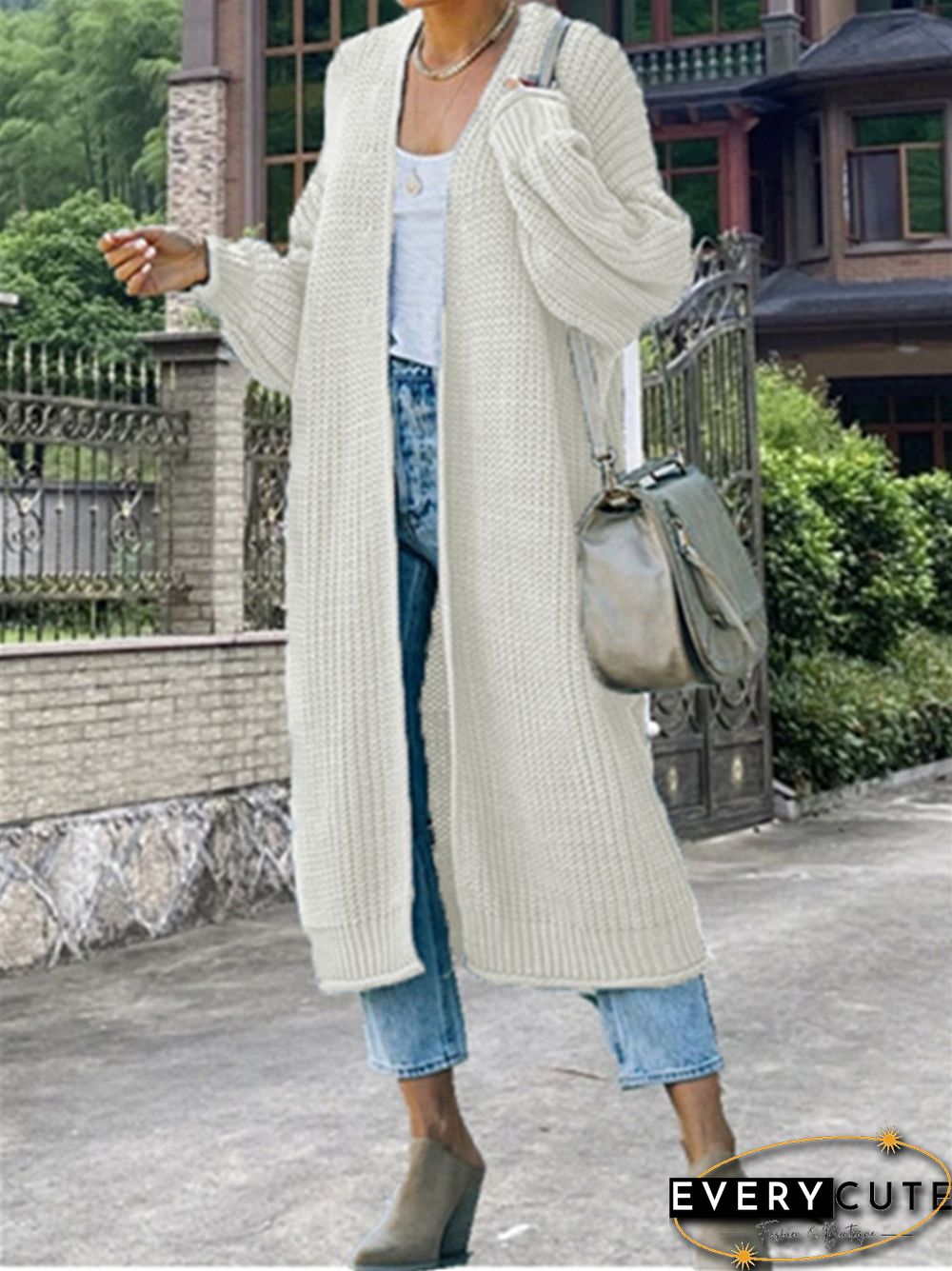 Curled Coarse Thread Solid Long Knitted Coat