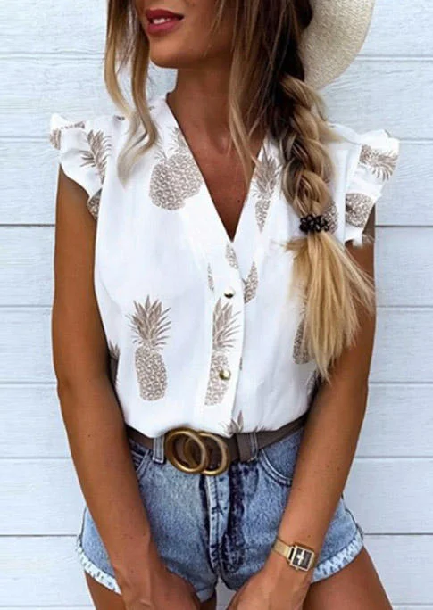 Pineapple Ruffled Button Cap Sleeve V-Neck Blouse - White