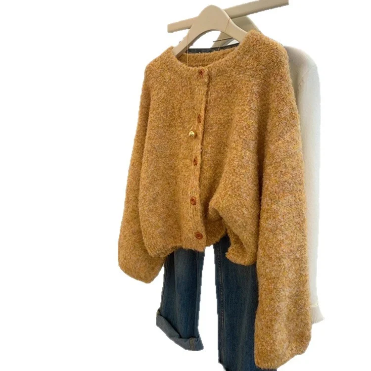 Athvotar Athvotar Yellow Sweater Women's Round-Neck Knitted Open Shirt Jacket Women's Autumn 2025 New Loose Age Reduction Top