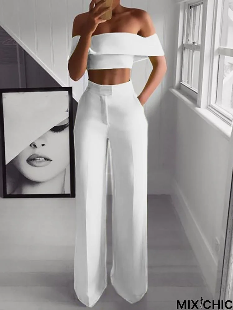 One-Shoulder Crop Top & Mopping Pants Two-Piece Suit