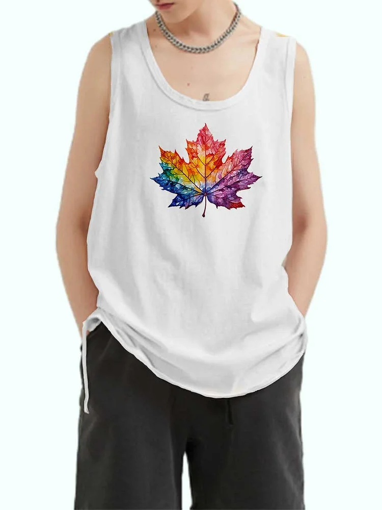 Unisex Rainbow Gradient Maple Leaf Art Print Loose Tank Top