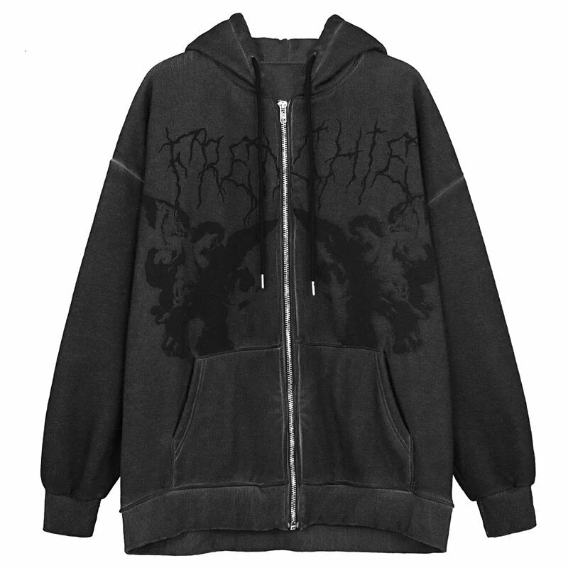Harajuku Women Hoodies Hip Hop Streetwear Oversized Hooded Angel Dark Print Jacket Coat Punk Winter Zip-up Famle Tops Outwear