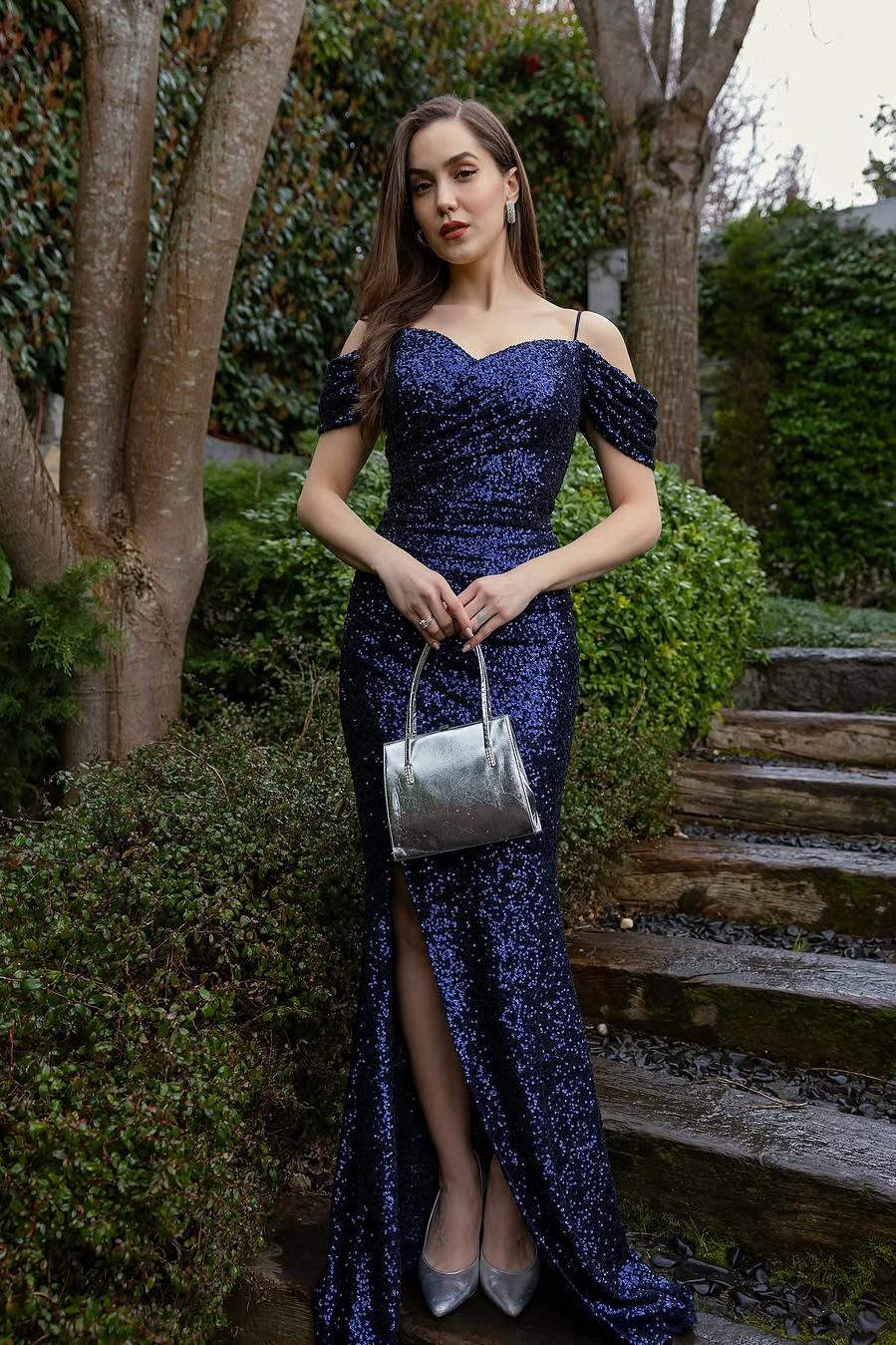 Lussooy Amazing Royal Blue Sequins Off the Shoulder Pleated Prom Dress with Split 