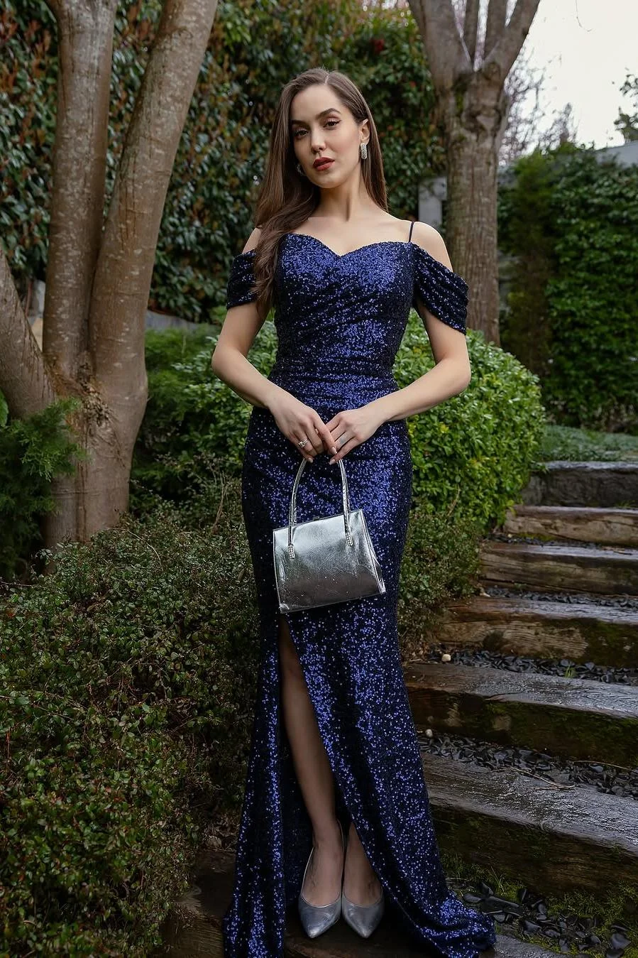 Miabel Amazing Royal Blue Sequins Off the Shoulder Spaghetti Strap Pleated Long Prom Dress with Split  