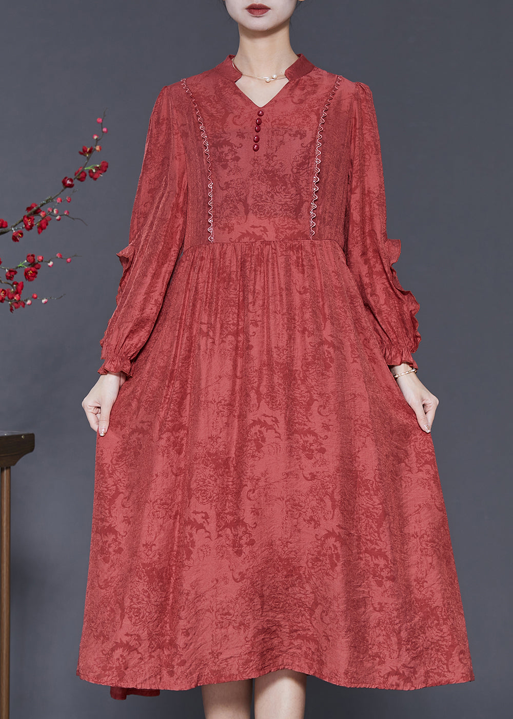 VCSHOES Red Ruffled Jacquard Cotton Robe Dresses Spring