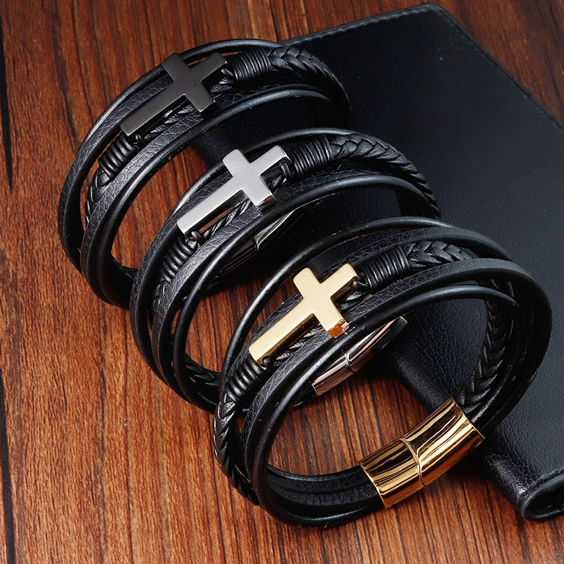 Leather Bracelet Stainless Steel Leather Braided Bracelets Cross Genuine Leather Multi-Layer Men's Jewelry L20158