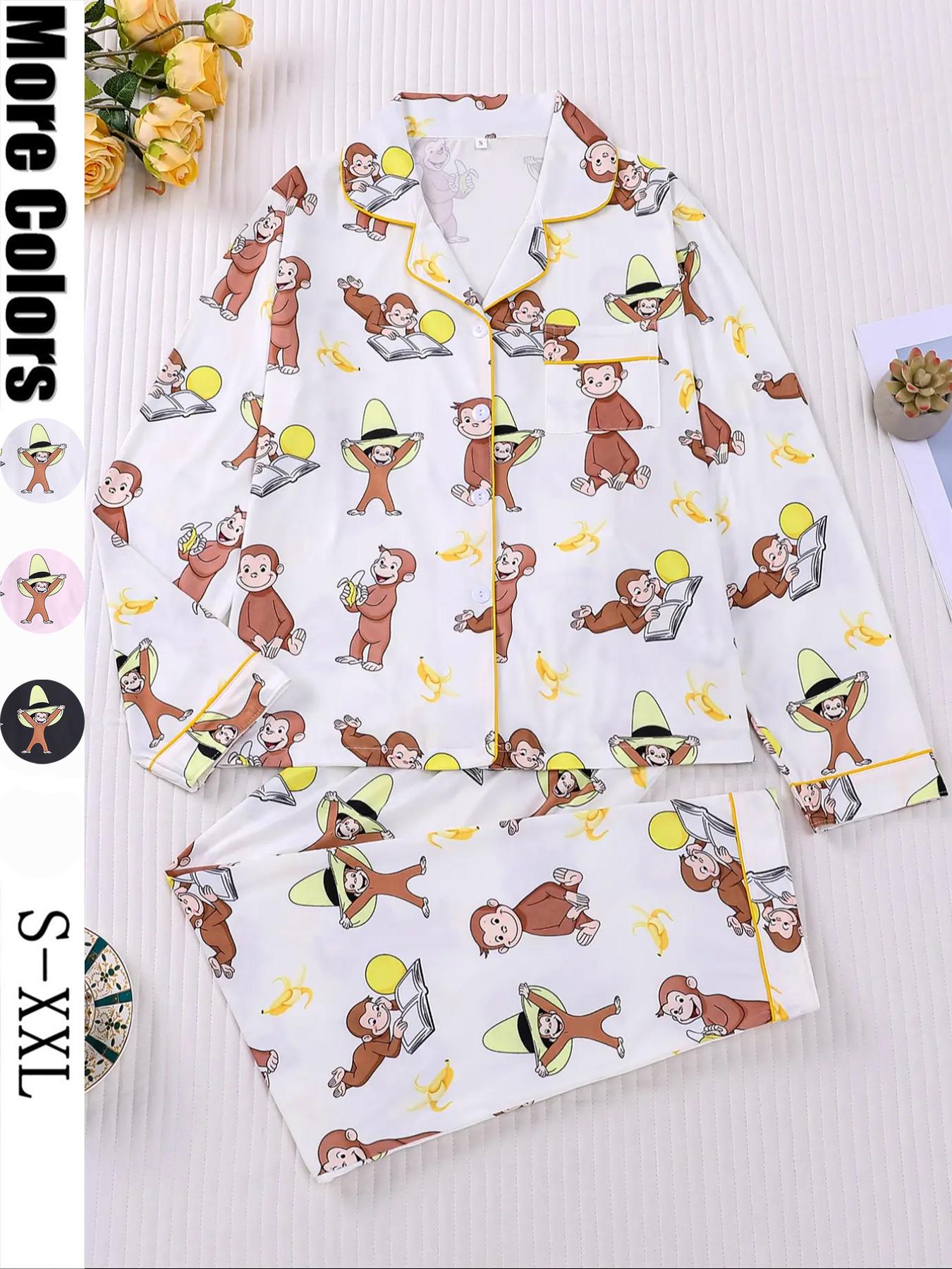 Women's Monkey Banana Print Pajama Set Pyjamas Pjs, Comfortable Fit Long Sleeve Button Shirt & Elastic Pants, Casual Everyday Home Wear Loungewear for All Seasons