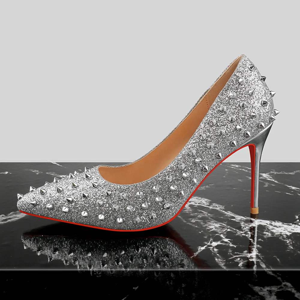 100mm/3.94 Inch Women's Red bottom High Heels Silver Rivets Party Pumps