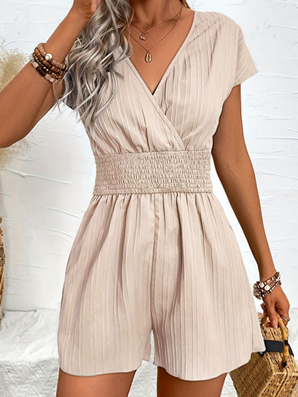 Elasticity Pleated Solid Color Split-Joint Loose Raglan Sleeve V-Neck Rompers