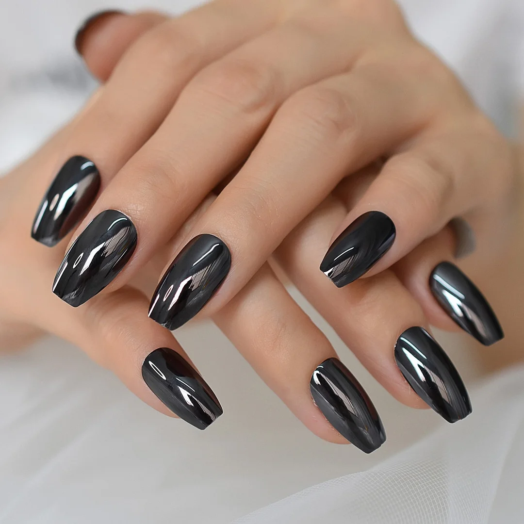Short Coffin Mirror Black Color Nail With Dsign Gel Tip Decoration Nails False Hand Dummy Stick On Nail Nails Wholesale Charming-Nail Inspo