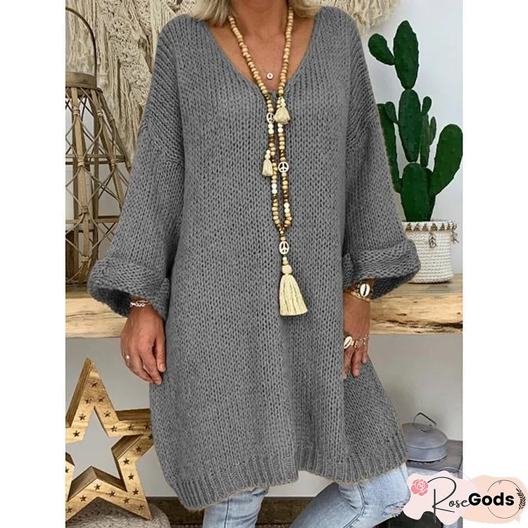 Drop Shoulder V-Neck Knitted Sweater Dresses