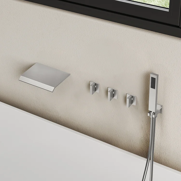 SFS-1111-NK Everstein brushed nickel triple-handle control waterfall wall mounted bathtub faucet with hand shower