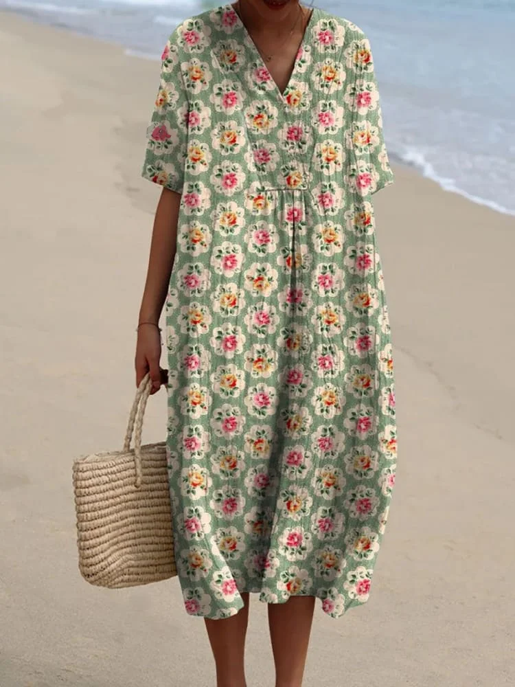 Womens Vintage Elegant Floral Art Print Flowy Dress