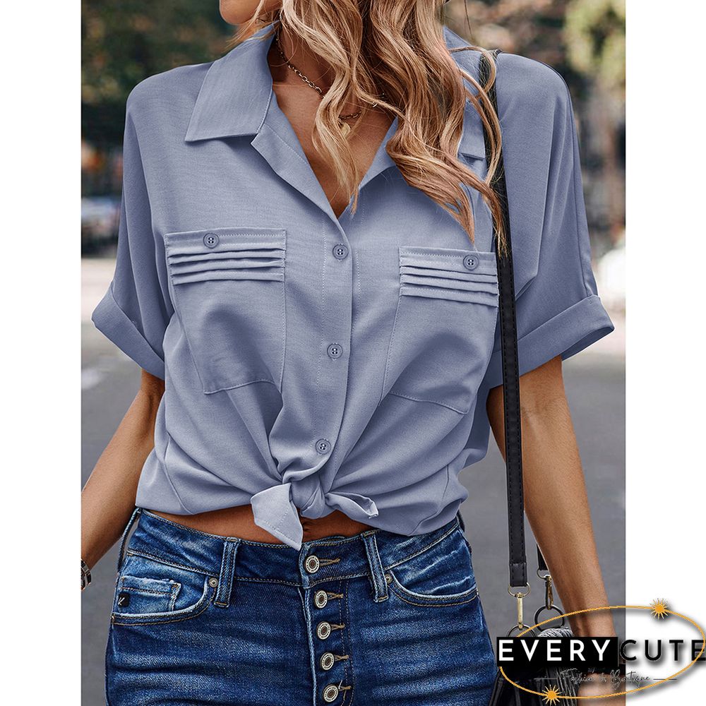 Light Blue Solid Pleated Button Pocket Short Sleeve Shirt