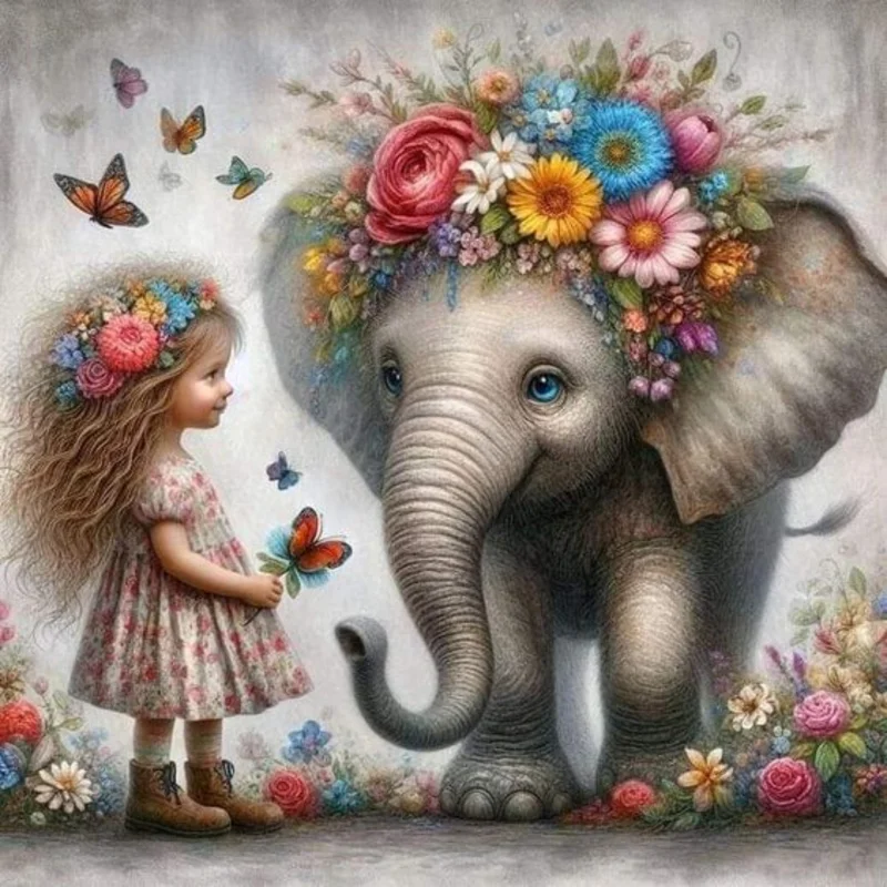 Diamond Painting - Full Round Drill - Girl Elephant(Canvas|40*40cm)