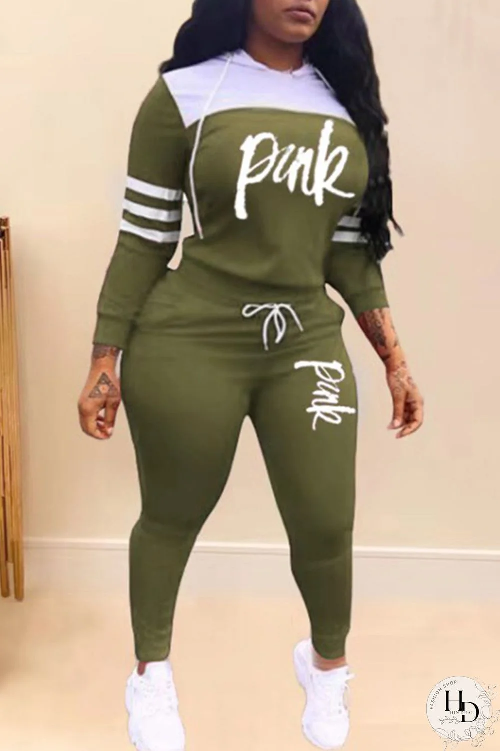 Army Green Casual Patchwork Two Piece Suits Print pencil Long Sleeve