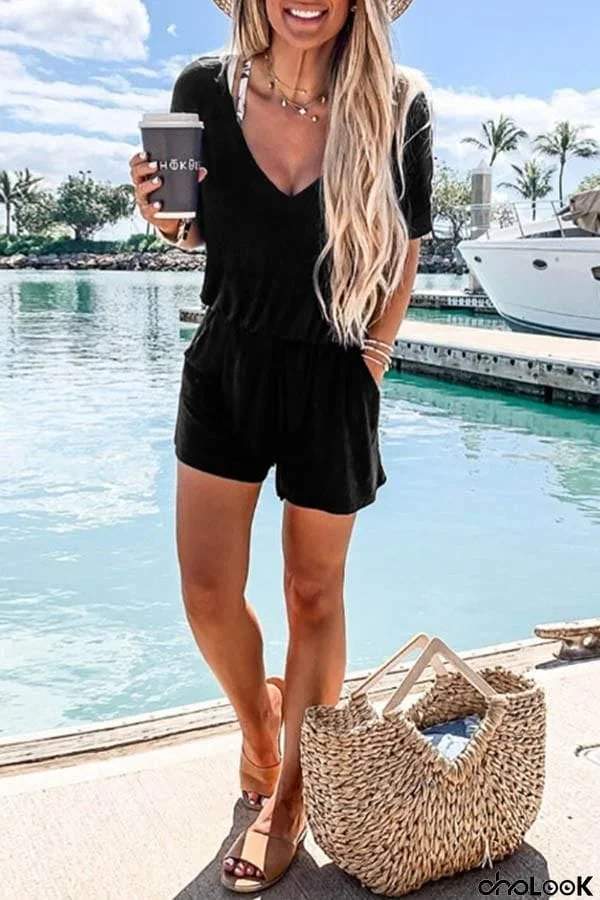 V Neck Black Casual One-piece Rompers