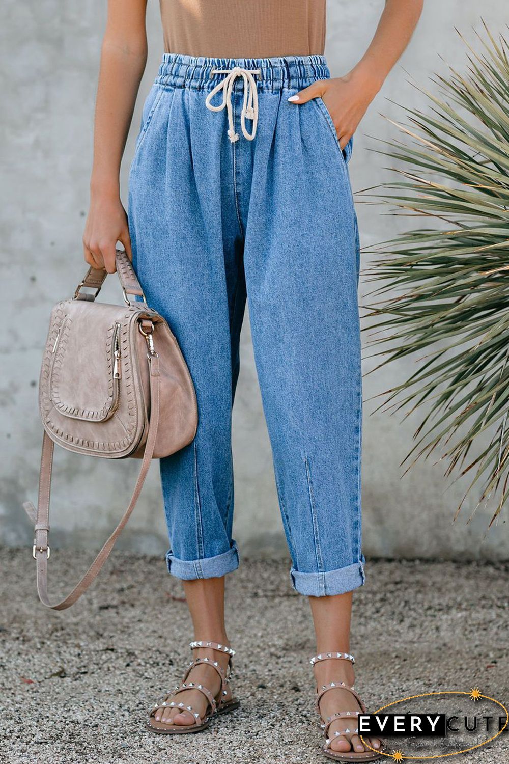 Sky Blue Drawstring Pocketed Straight Leg Denim Pants