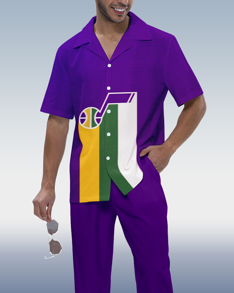 Men's Colorblock Music Print Short Sleeve Shirt Walking Set 557