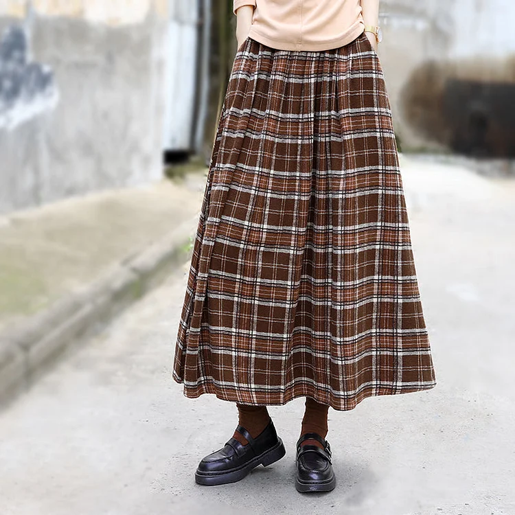 Retro Autumn Casual Cotton Plaid Skirt