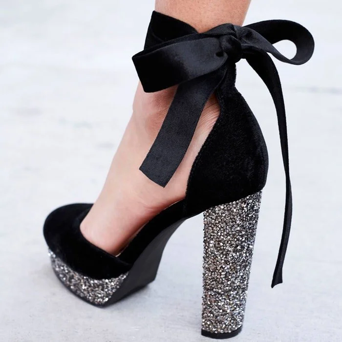 Black and Silver Glitter Ankle Strap Chunky Heel Pumps Vdcoo