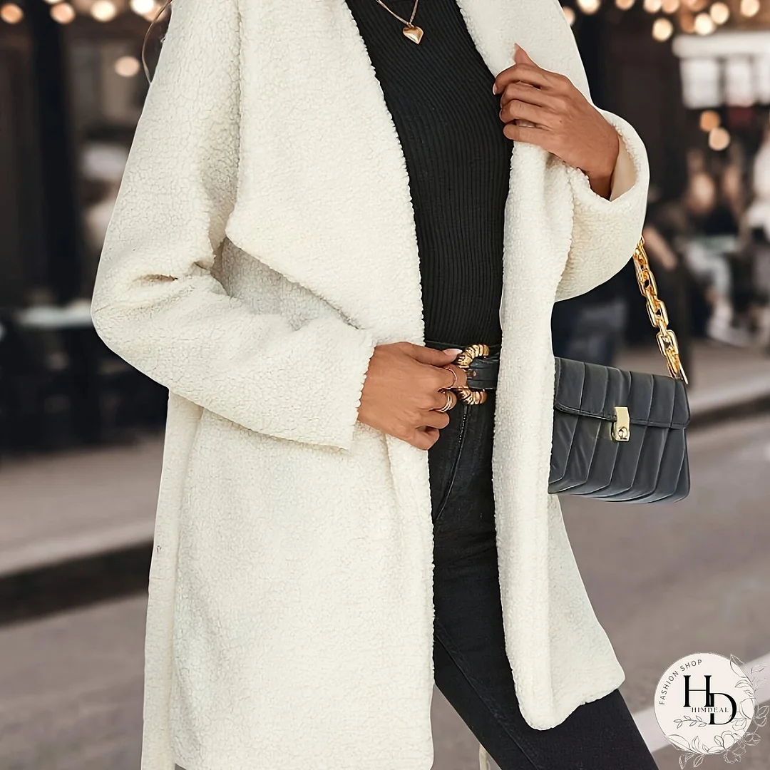 Solid Open Front Jacket, Casual Long Sleeve Lapel Outwear For Fall & Winter, Women's Clothing