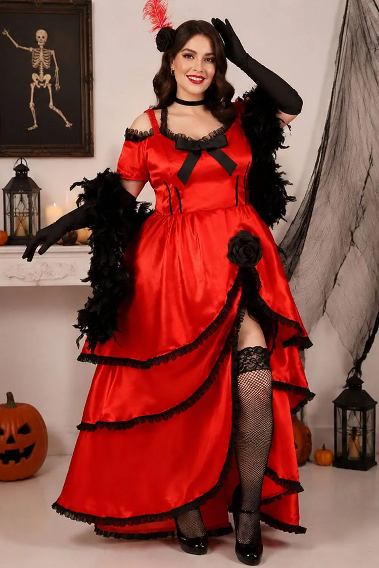 Xpluswear Design Plus Size Halloween Dress Red Short Sleeve Ruffle Tiered High Lowal Maxi Dress（Ships 24h） 2024 - Xpluswear