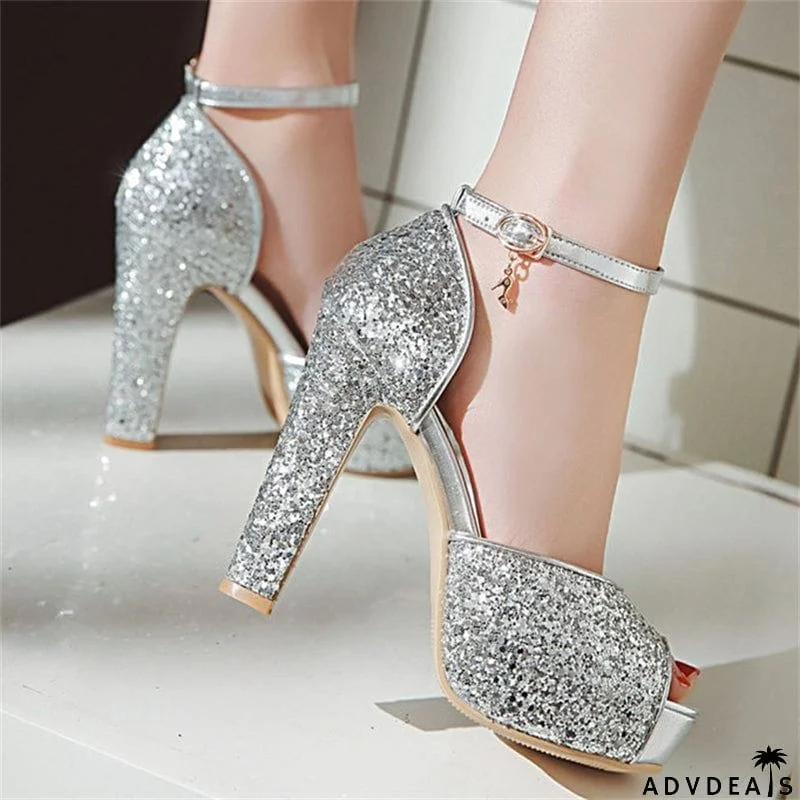 Peep Toe Sequined Fabric High Heels