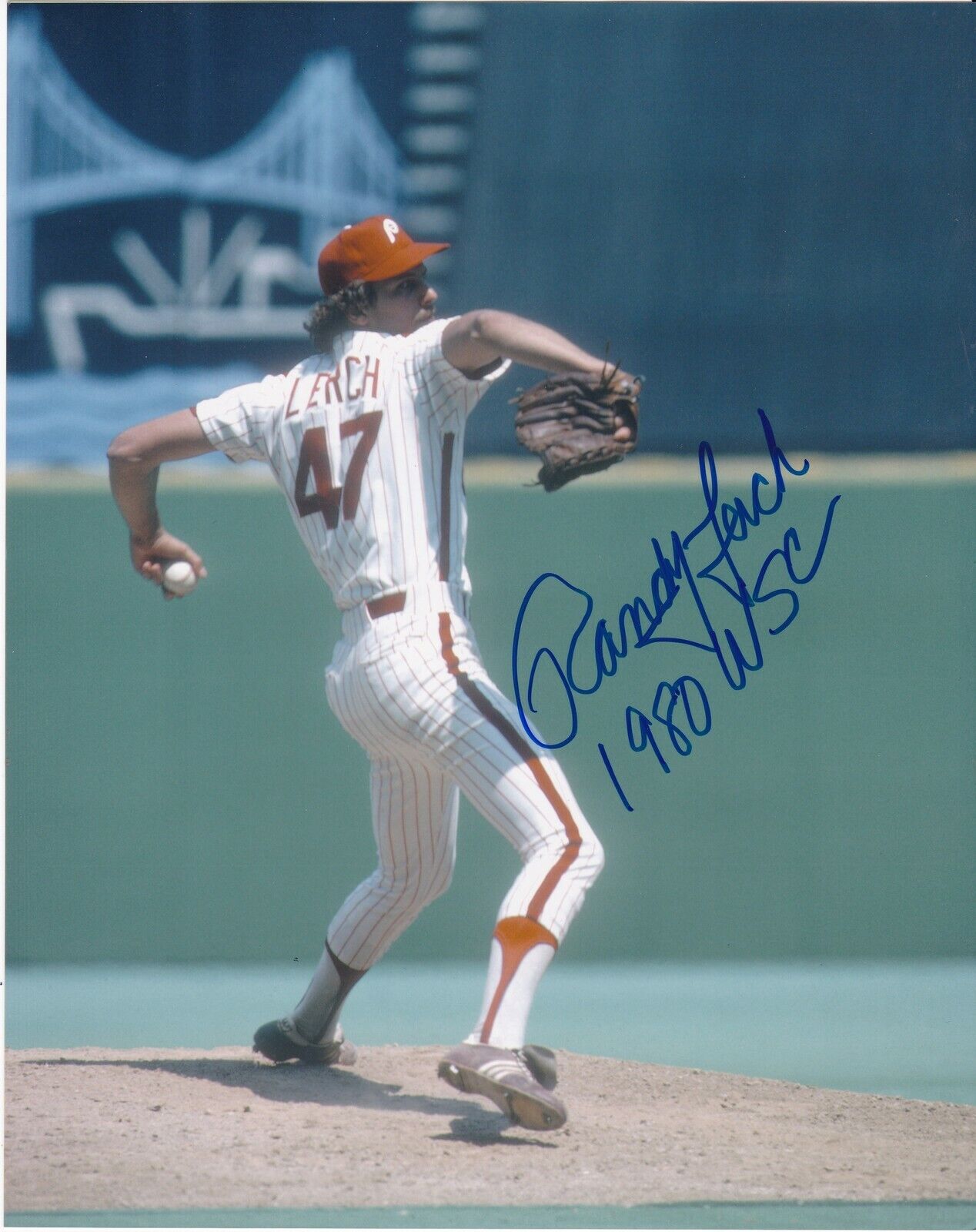 RANDY LERCH PHILADELPHIA PHILLIES 1980 WS CHAMPS ACTION SIGNED 8x10