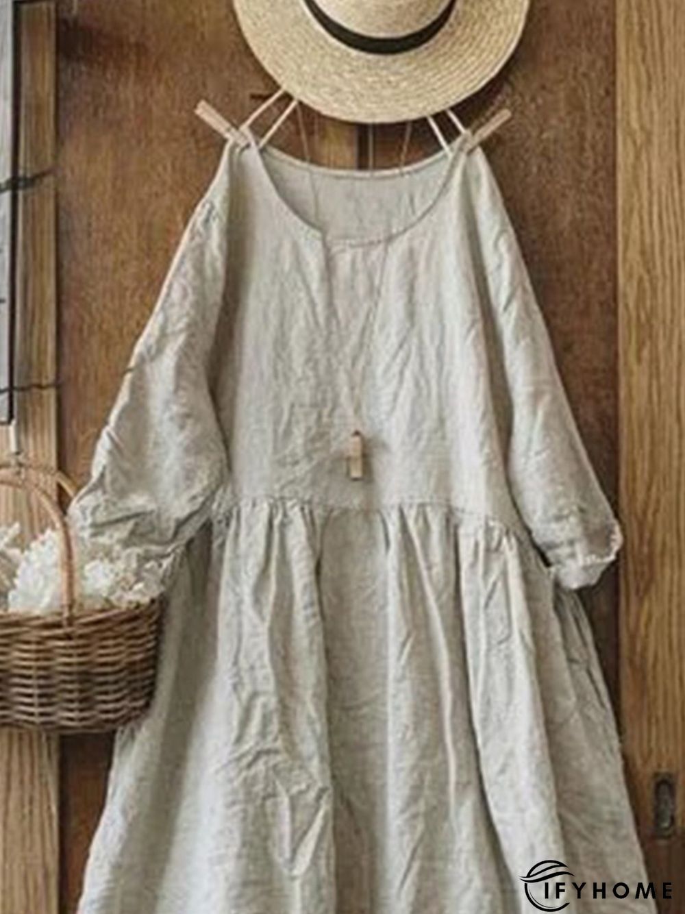 Vintage Plain Plus Size Long Sleeve Casual Weaving Dress | IFYHOME