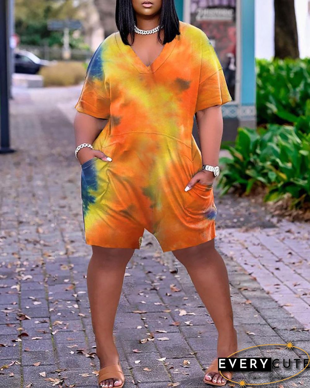 Tie Dye Print Pocket Design Half Sleeve Casual Romper