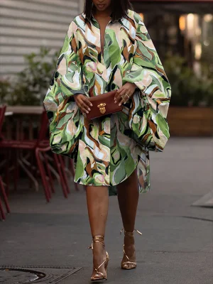 Image of Long Sleeves Loose Buttoned Elasticity Printed Lapel Midi Dresses Shirt Dress