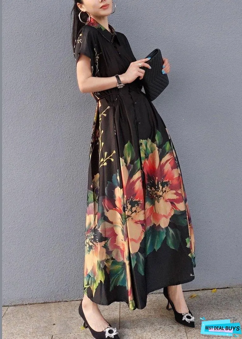 Women Lapel Drawstring Spring Tunic Sleeve Black Print Robe Dresses