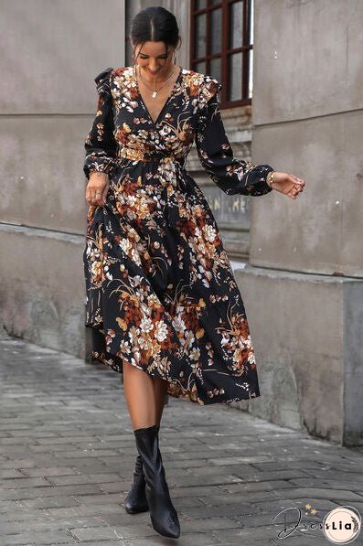 Floral Surplice Tie Front Ruffle Hem Midi Dress