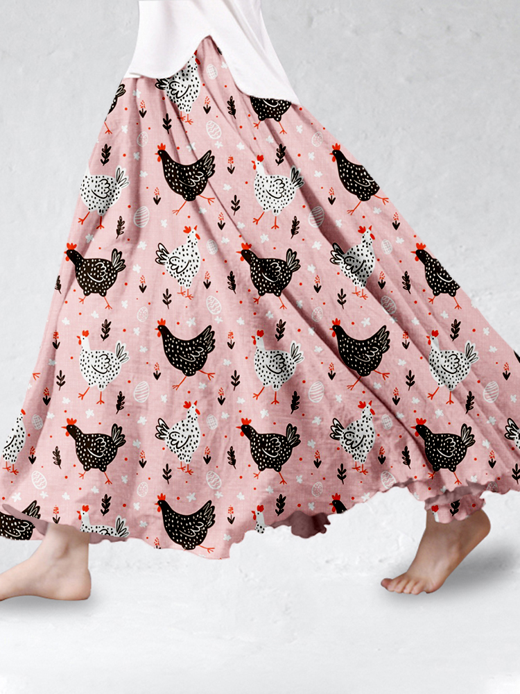 Comstylish Cute Chicken Graphic Vintage Linen Blend Flowy Wide Skirt