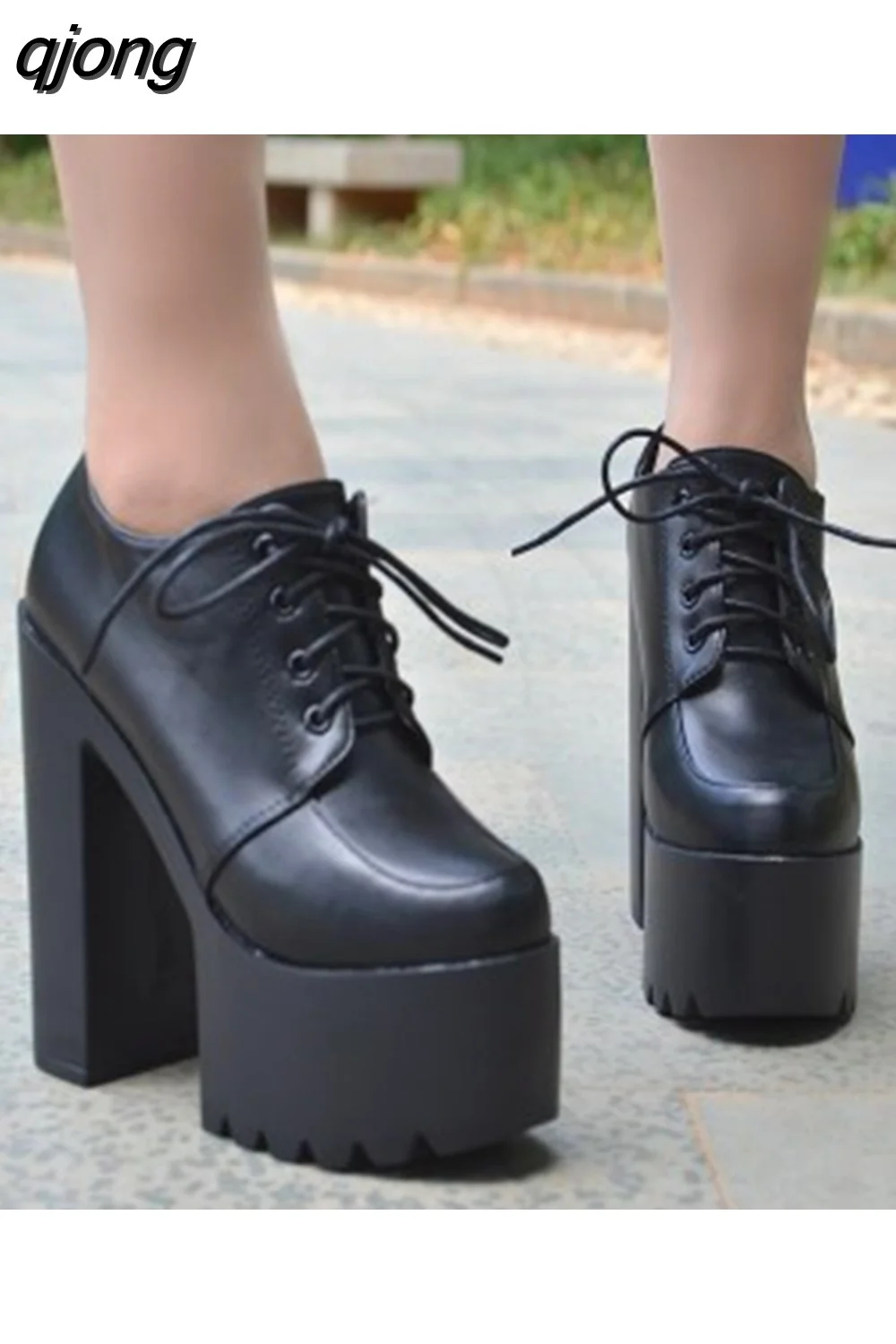 qjong Autumn Women's Crude Heel Single Shoes 14Cm Super High Heel Platform Boots Shallow Simple Elegant Square Heels Shoes