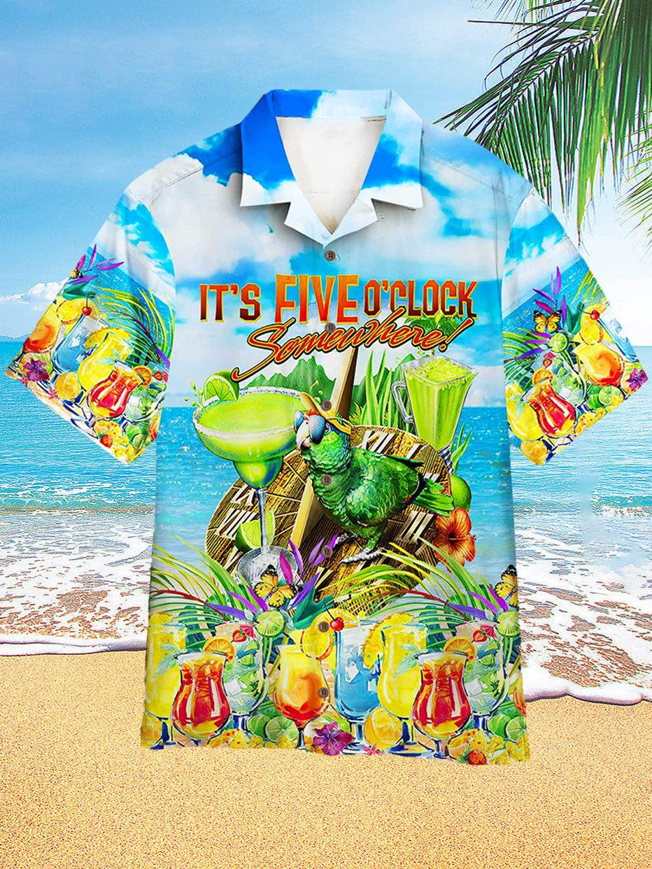 Cocktail and Parrot Hawaii Beach Vacation Print Men's Short Sleeve Shirt PLUSCLOTHESMAN