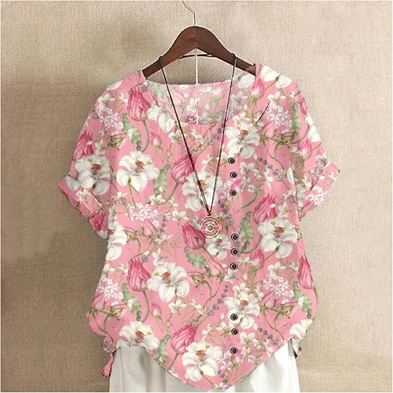 Women'S Elegant Lilly And Rose Pattern Cotton And Linen Short Sleeve Top