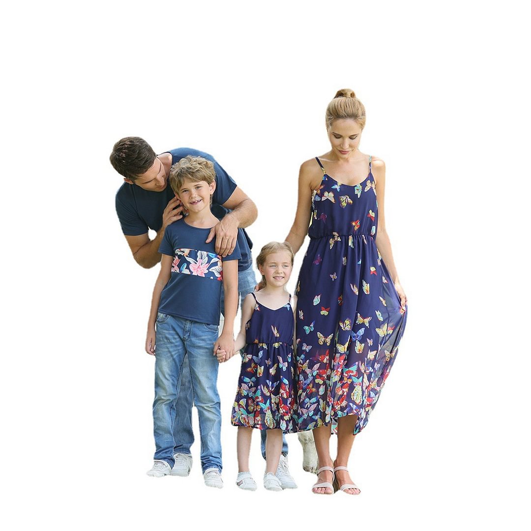 Butterfly Print Family Matching Tops(Sling Dresses for Mom and Girl-Raglan Sleeves T-shirts for Dad and Boy)TM005 - vzzhome