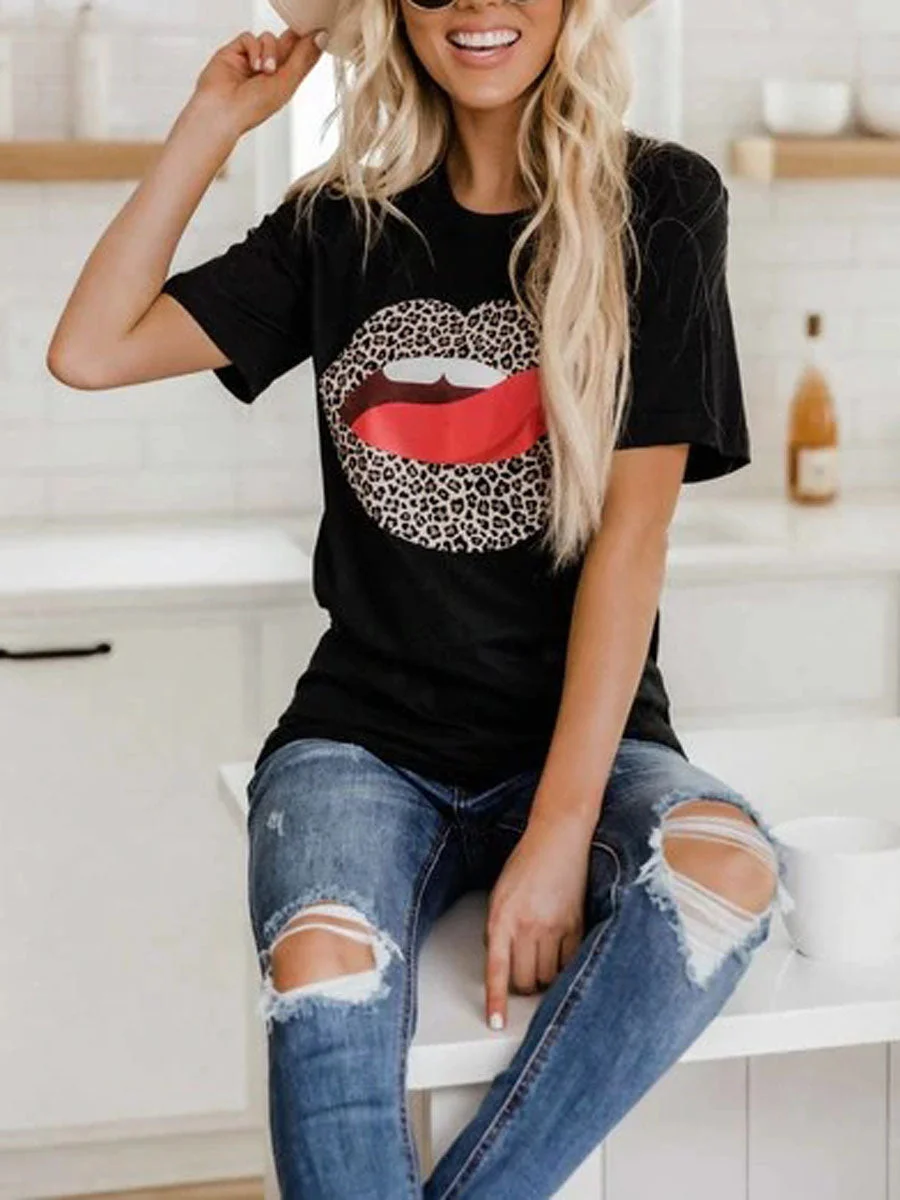 Animal Print Lips Black Heather Graphic Tee T Shirt