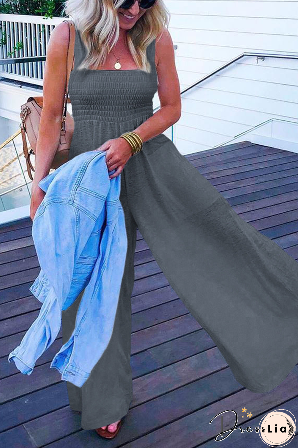Solid Color Sleeveless Wide Leg Jumpsuit