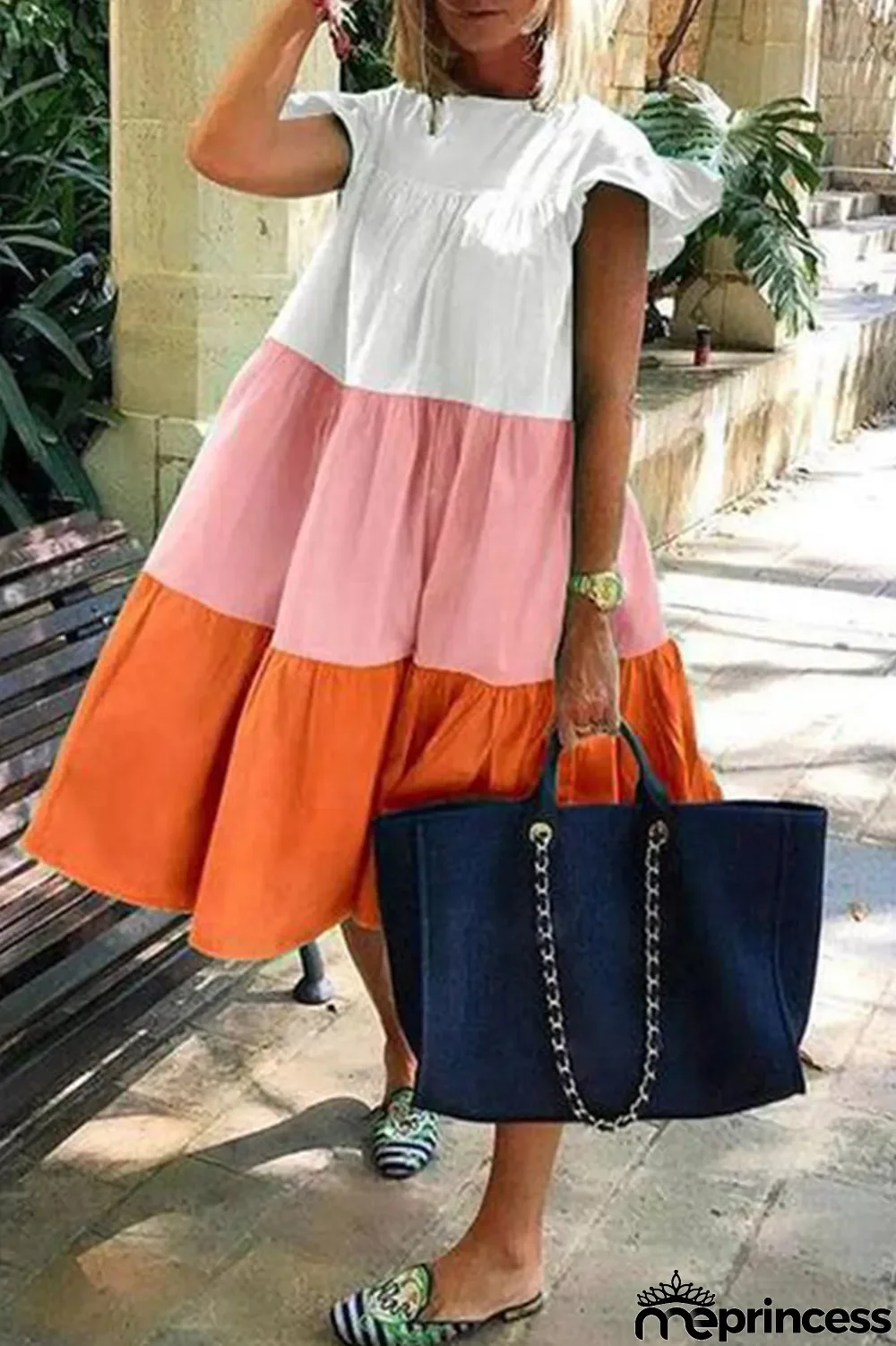 Tangerine Casual Solid Split Joint O Neck A Line Dresses