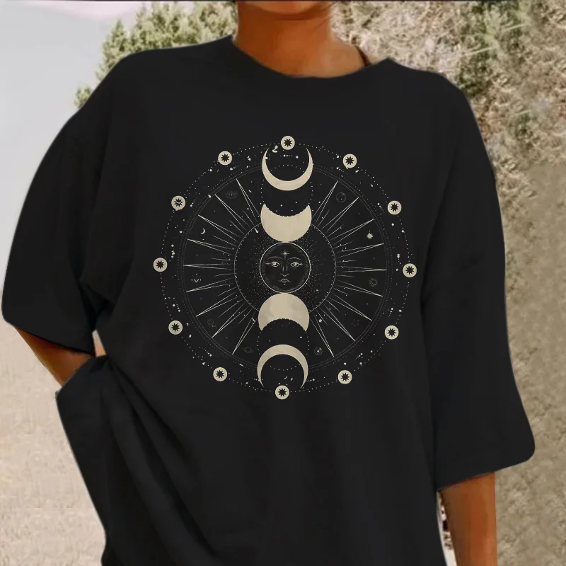   Mystical Drawing Of Sun Moon Phases Print Loose T-shirt - Neojana