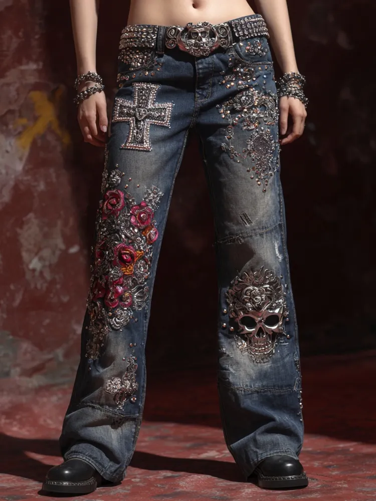 Retro Rock Style Skulls & Cross Studded Distressed Bootcut Jeans