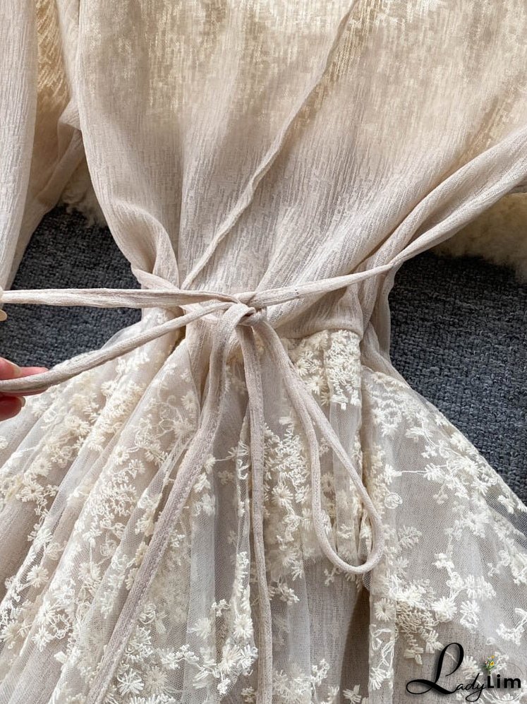 Women Party Warm-Season Waist Closing Up Autumn Temperament Lace Gown Tide New O-neck Elegant Vestidos Irregular 2024